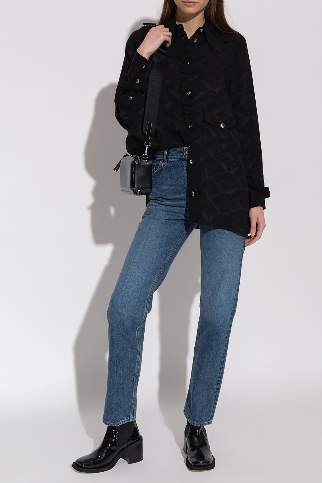 GANNI◇20SS/SHIRTING COTTON SHIRT/アシ/36/コットン/BLU/ストライプ